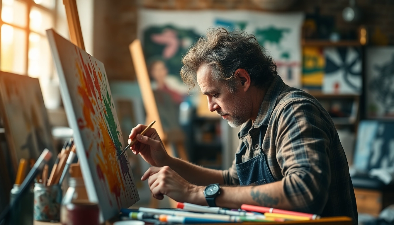 An artist deeply immersed in painting, with vibrant colors splashing across a canvas. The background fades, focusing sharply on the artist’s intense, almost trance-like concentration, as the world around blurs, highlighting the feeling of hyperfocus. The scene is lit warmly, giving a sense of calm and satisfaction, with art supplies scattered around, showing the creative chaos.