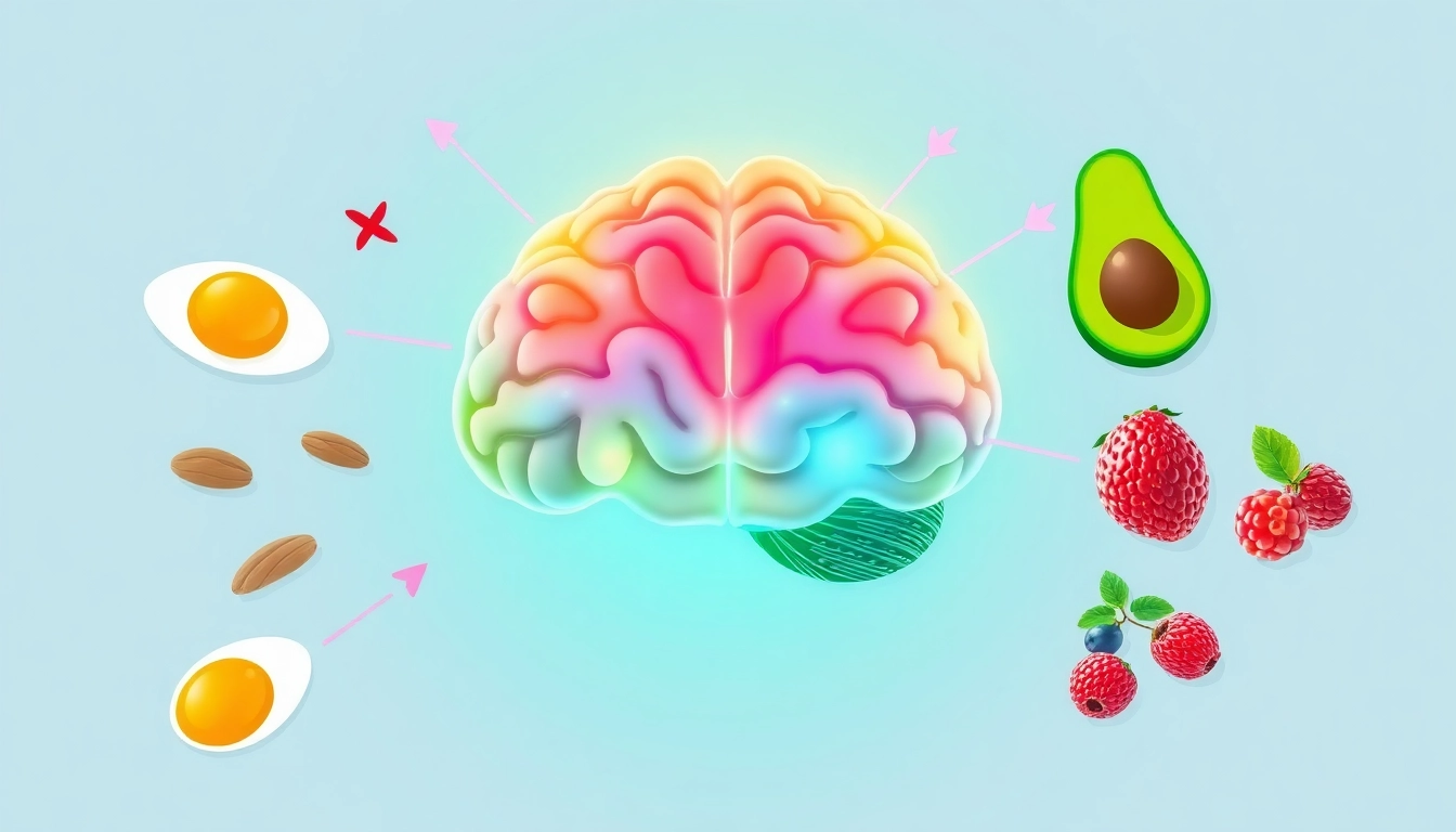 A conceptual illustration showing a brain with vibrant, colorful neural pathways connected to healthy foods like eggs, nuts, avocados, and berries. Include arrows or a subtle glowing effect to indicate the connection between food and brain health. The background should be simple and clean, allowing the focus to be on the brain and the foods around it.