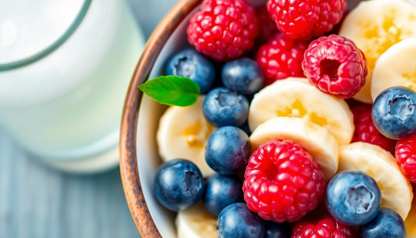 A bowl filled with fresh blueberries, raspberries, and slices of banana, accompanied by a glass of coconut water. The fruits should look dewy and vibrant, with bright, natural colors to emphasize their freshness. The background can include a hint of green, symbolizing health and vitality.