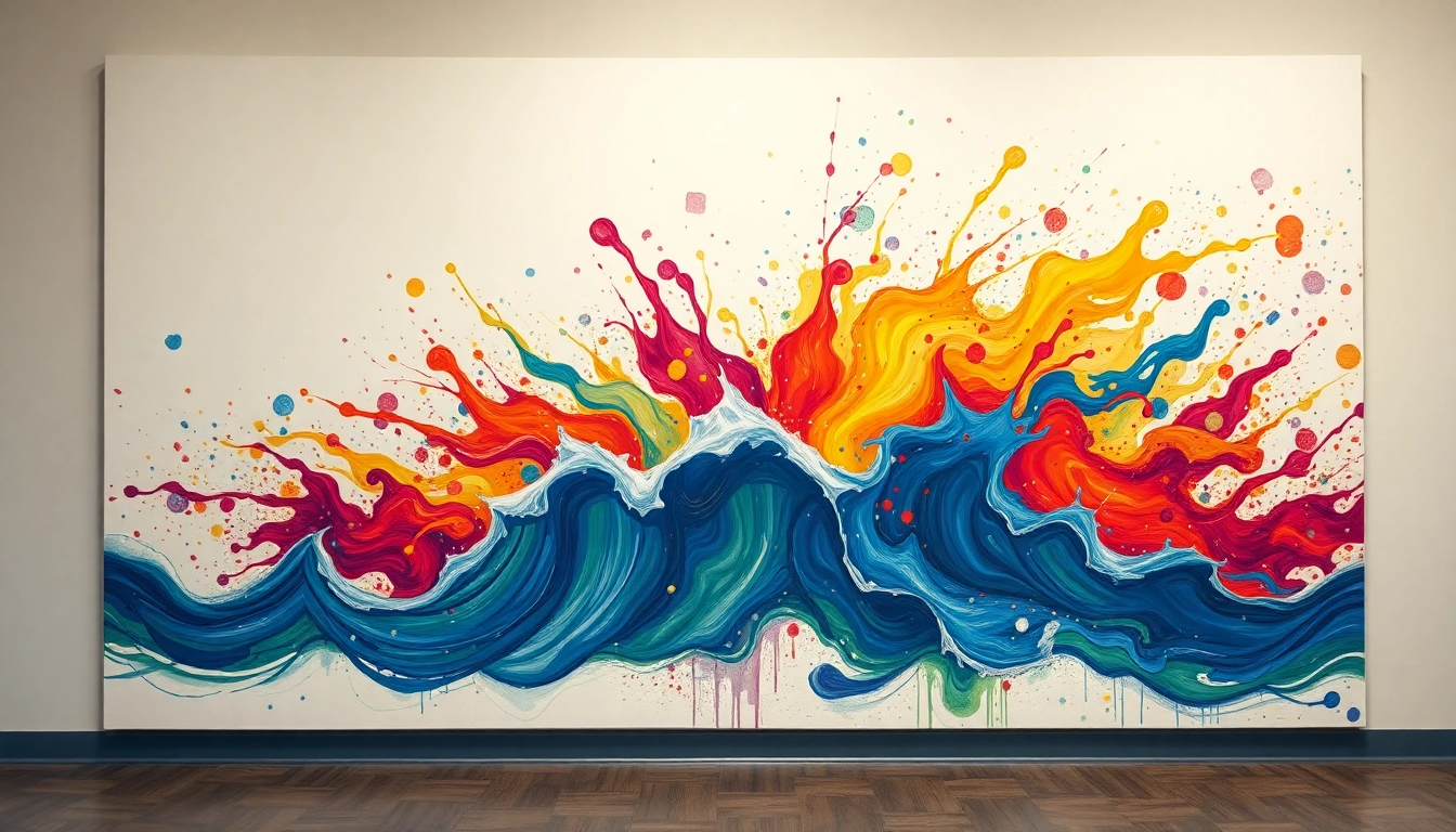 A painting on a large canvas, with colors bursting out from the brush to create waves and patterns that seem to express a range of emotions. The colors morph and shift, representing joy, sadness, frustration, and calm. The background fades to neutral tones, allowing the focus to be on the dynamic, emotional expressions of the artwork, reflecting the cathartic release of emotions through art.