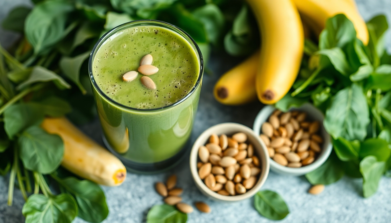 An arrangement of a green smoothie made with spinach, banana, and almond milk, served in a glass with a few pumpkin seeds sprinkled on top. Include a handful of raw spinach leaves and a bowl of pumpkin seeds placed nearby. The overall look should be fresh, clean, and inviting, with vibrant greens dominating the scene.