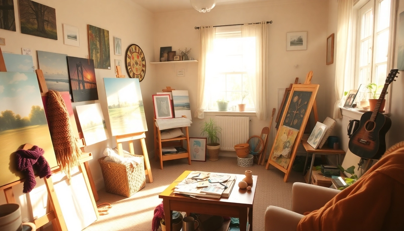 A serene, cozy art studio with various projects in progress—paintings on easels, a half-knitted scarf, a small clay sculpture, and digital artwork on a tablet. The room is filled with warm light streaming through a window, creating a peaceful and inviting atmosphere. The space feels welcoming, with soft colors and a slightly chaotic, lived-in feel, representing the sanctuary that arts and crafts provide for creative minds.