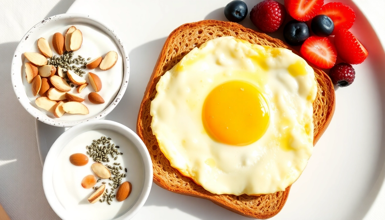 A morning meal arrangement featuring a perfectly cooked scrambled egg on whole-grain toast, a small bowl of Greek yogurt topped with sliced almonds and chia seeds, and a side of mixed berries. The setting should be bright and inviting, suggesting a healthy and energizing breakfast.