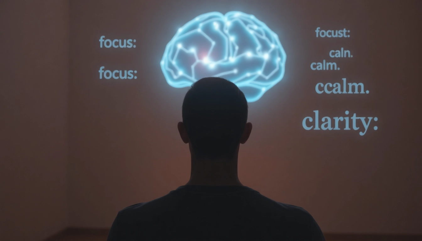 A focused scene showing a person in a quiet, simple environment meditating, with soft glowing lights near the head to symbolize improved focus and calm. The background subtly shows brain imagery around the prefrontal cortex, representing meditation’s positive impact on brain function, with words like ‘focus,’ ‘calm,’ and ‘clarity’ appearing subtly in the air