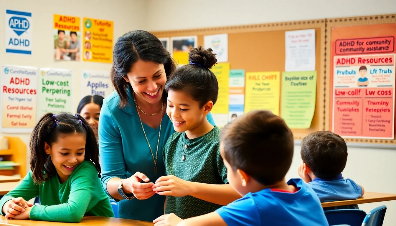 An image showing a classroom with teachers and students collaborating. A teacher is seen guiding a student with a gentle smile, while community posters on ADHD resources, counseling, and tutoring are visible in the background. Nearby, a bulletin board displays various low-cost community programs and resources. The scene is bright and supportive, highlighting community-based ADHD assistance.