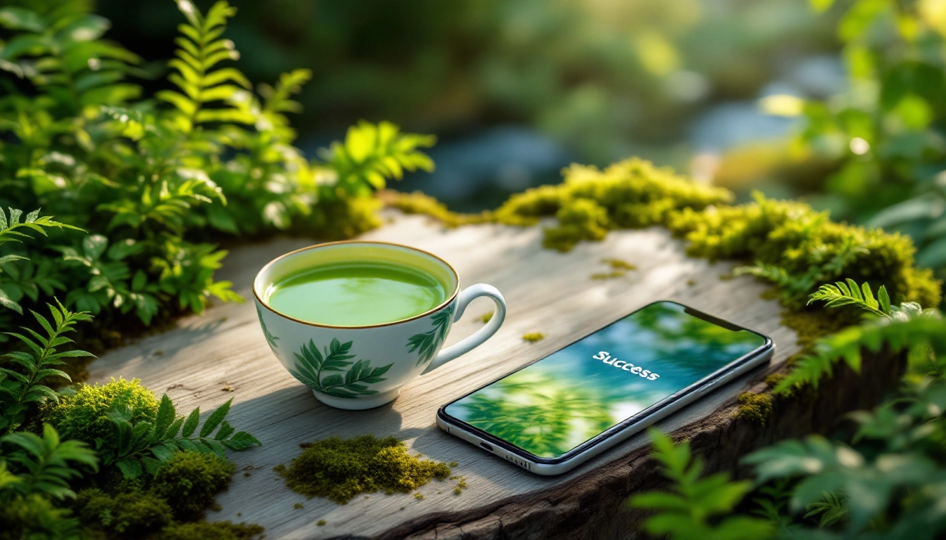 A serene, nature-inspired scene with a cup of matcha tea placed beside a smartphone displaying a ‘Success’ screen on the Bonding Health app. Light rays and a calm, natural background suggest empowerment, resilience, and growth. The overall mood is peaceful and optimistic, hinting at the journey of thriving with ADHD.